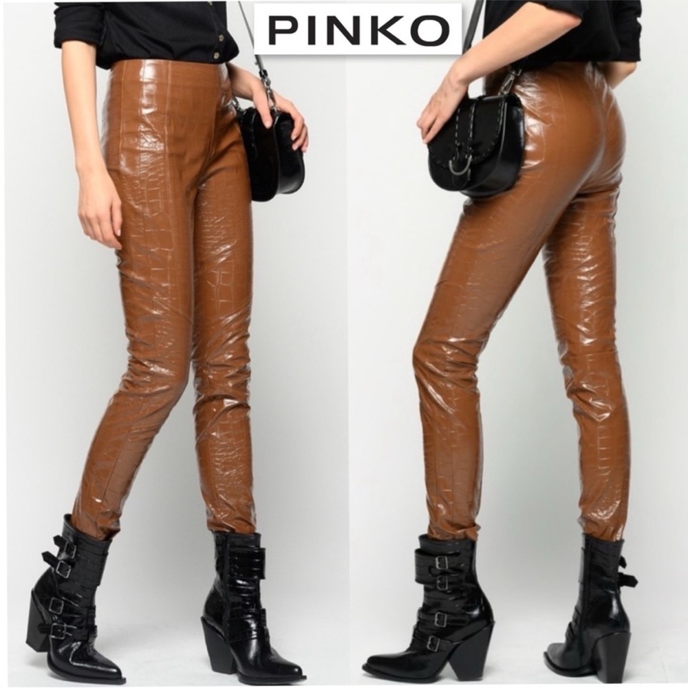 PINKO brown Crocodile Textured Faux Leather skinny pants‎